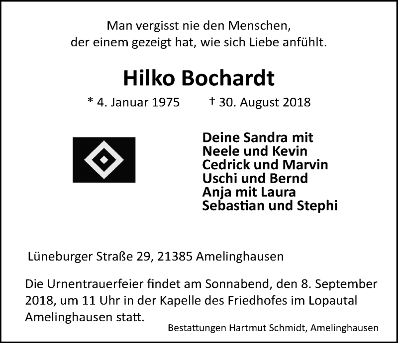  Traueranzeige für Hilko Bochardt vom 01.09.2018 aus LZ