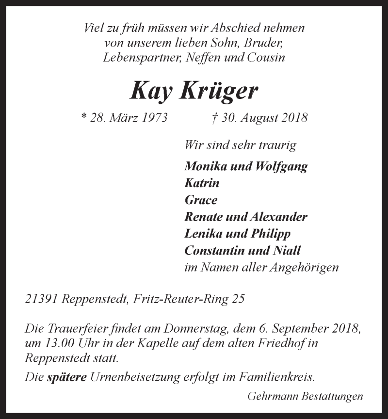  Traueranzeige für Kay Krüger vom 03.09.2018 aus LZ