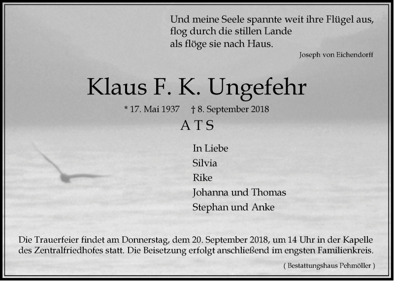  Traueranzeige für Klaus Ungefehr vom 15.09.2018 aus LZ