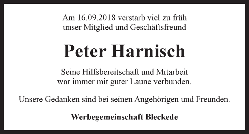  Traueranzeige für Peter Harnisch vom 19.09.2018 aus LZ