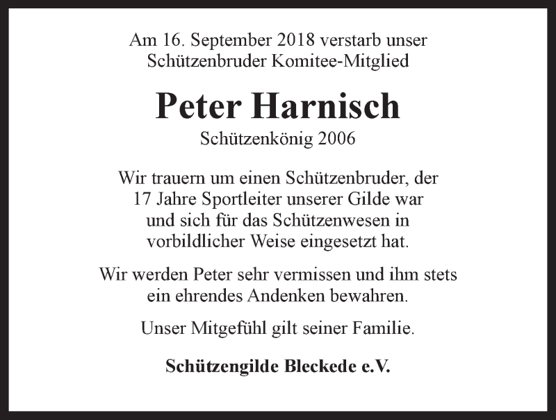  Traueranzeige für Peter Harnisch vom 19.09.2018 aus LZ