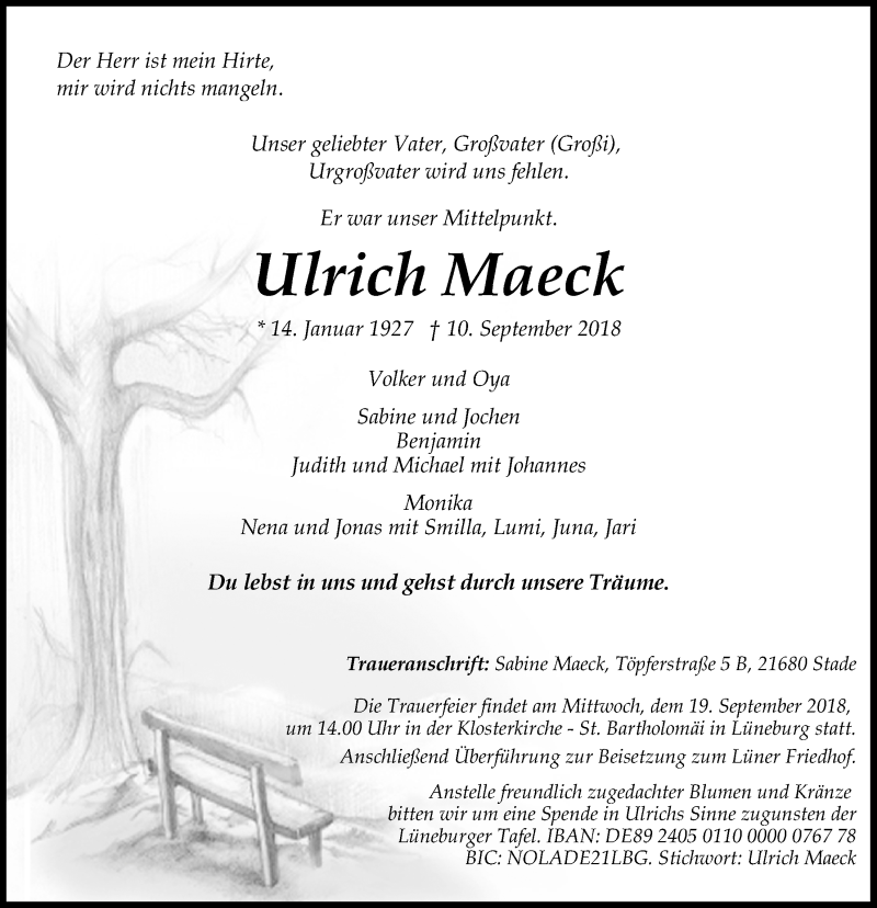  Traueranzeige für Ulrich Maeck vom 15.09.2018 aus LZ