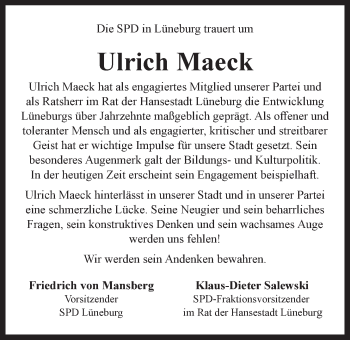 Anzeige von Ulrich Maeck von LZ