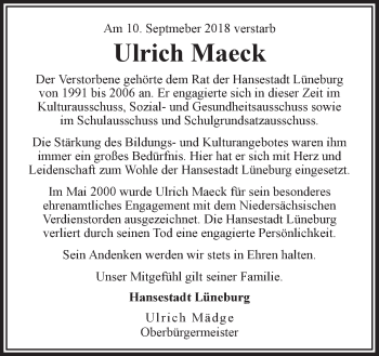 Anzeige von Ulrich Maeck von LZ