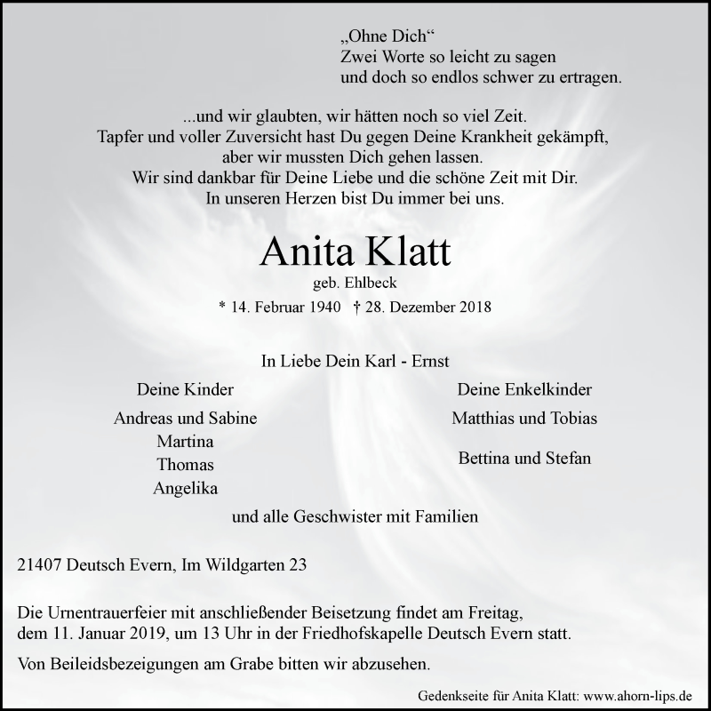  Traueranzeige für Anita Klatt vom 05.01.2019 aus LZ