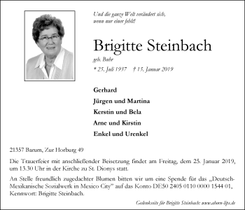 Anzeige von Brigitte Steinbach von LZ