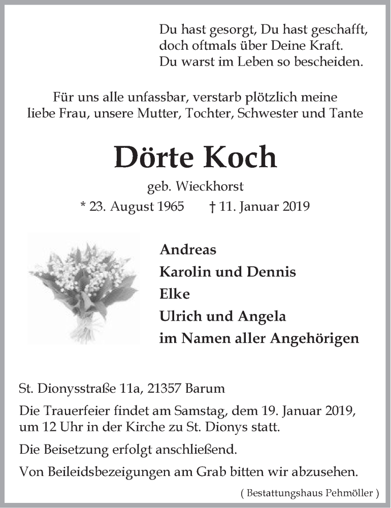  Traueranzeige für Dörte Koch vom 15.01.2019 aus LZ
