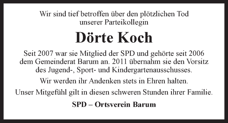  Traueranzeige für Dörte Koch vom 16.01.2019 aus LZ