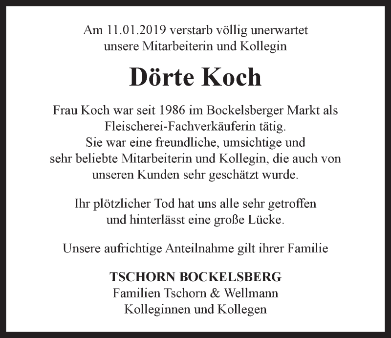  Traueranzeige für Dörte Koch vom 15.01.2019 aus LZ