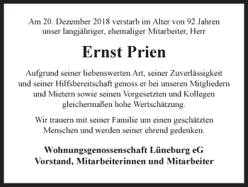 Anzeige von Ernst Prien von LZ