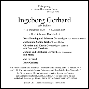 Anzeige von Ingeborg Gerhard von LZ