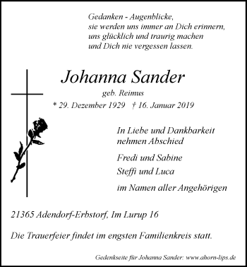 Anzeige von Johanna Sander von LZ