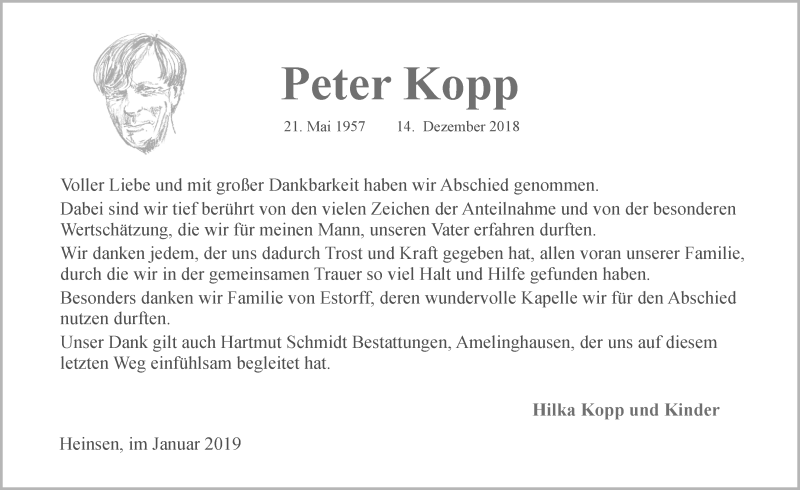  Traueranzeige für Peter Kopp vom 19.01.2019 aus LZ