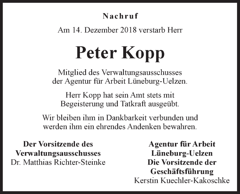  Traueranzeige für Peter Kopp vom 12.01.2019 aus LZ