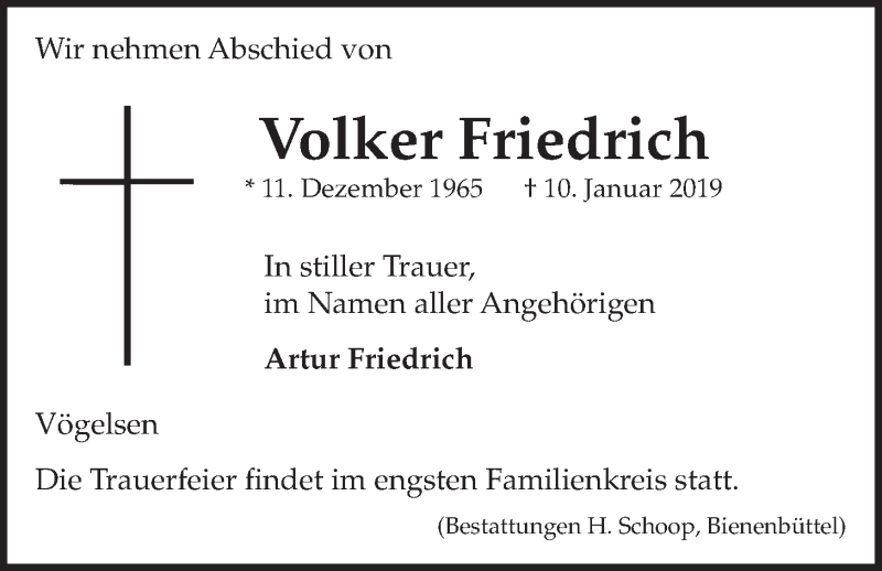  Traueranzeige für Volker Friedrich vom 16.01.2019 aus LZ