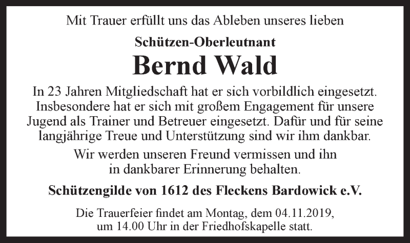  Traueranzeige für Bernd Wald vom 28.10.2019 aus LZ