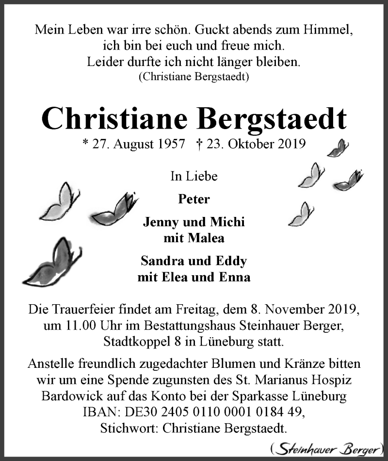  Traueranzeige für Christiane Bergstaedt vom 25.10.2019 aus LZ