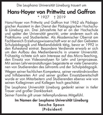 Anzeige von Hans-Hoyer von Prittwitz und Gaffron von LZ