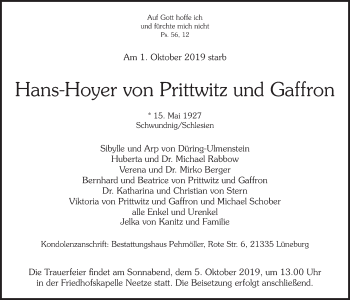 Anzeige von Hans-Hoyer von Prittwitz und Gaffron von LZ