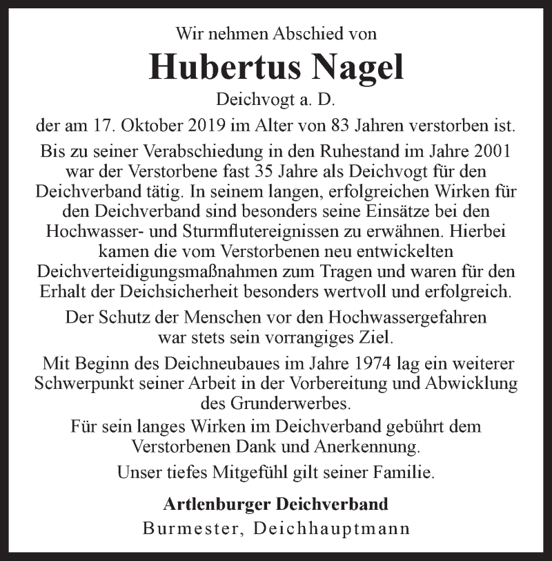  Traueranzeige für Hubertus Nagel vom 25.10.2019 aus LZ