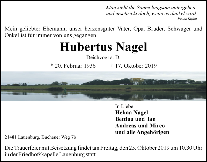  Traueranzeige für Hubertus Nagel vom 23.10.2019 aus LZ