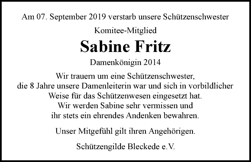  Traueranzeige für Sabine Fritz vom 04.10.2019 aus LZ