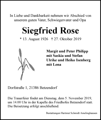 Anzeige von Siegfried Rose von LZ