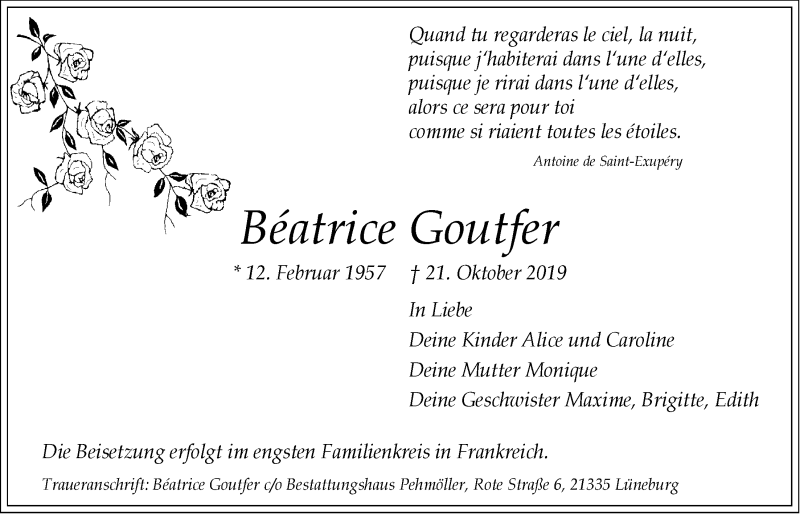  Traueranzeige für Beatrice Goutfer vom 02.11.2019 aus LZ