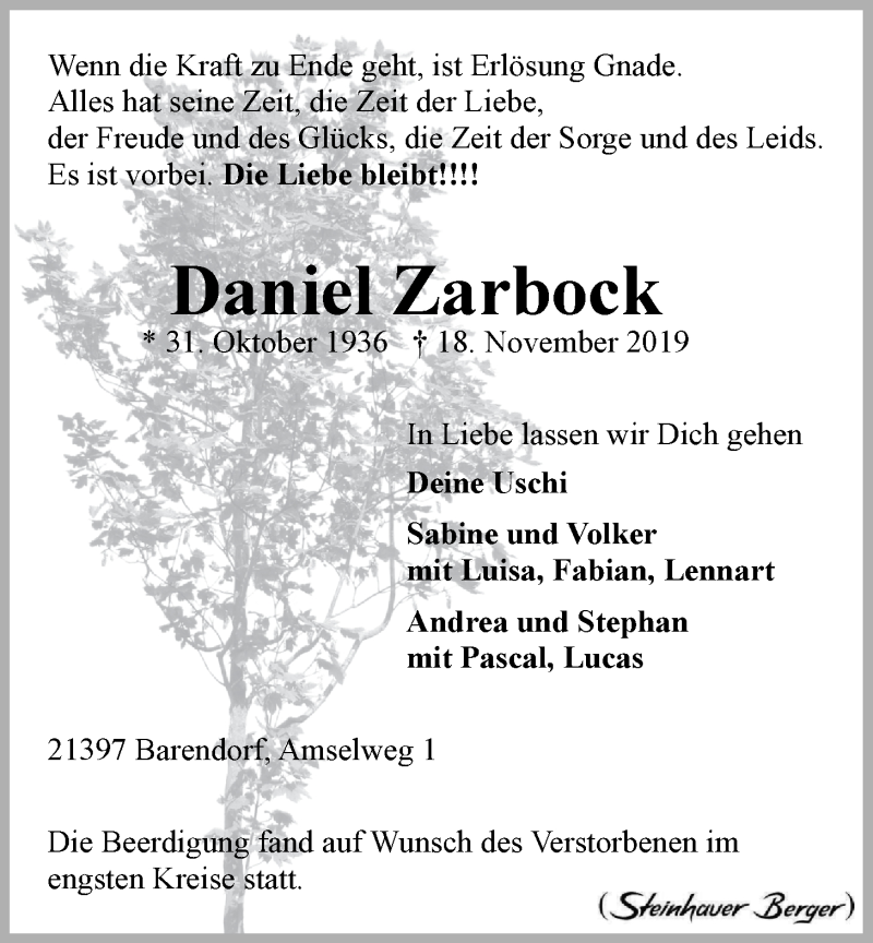  Traueranzeige für Daniel Zarbock vom 29.11.2019 aus LZ