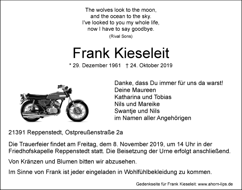  Traueranzeige für Frank Kieseleit vom 02.11.2019 aus LZ