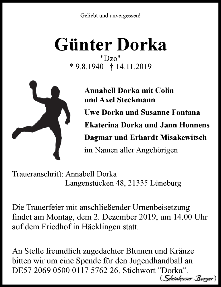  Traueranzeige für Günter Dorka vom 23.11.2019 aus LZ