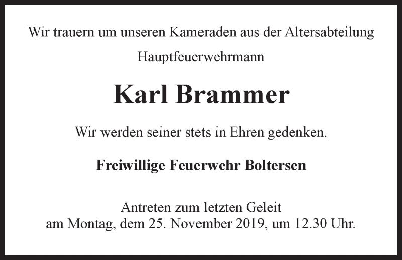  Traueranzeige für Karl Brammer vom 21.11.2019 aus LZ