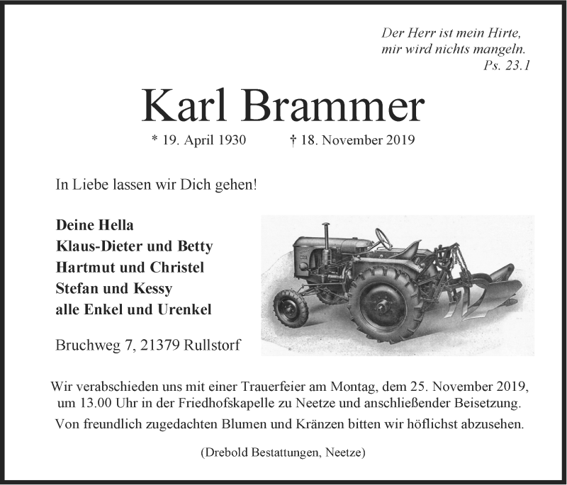  Traueranzeige für Karl Brammer vom 21.11.2019 aus LZ