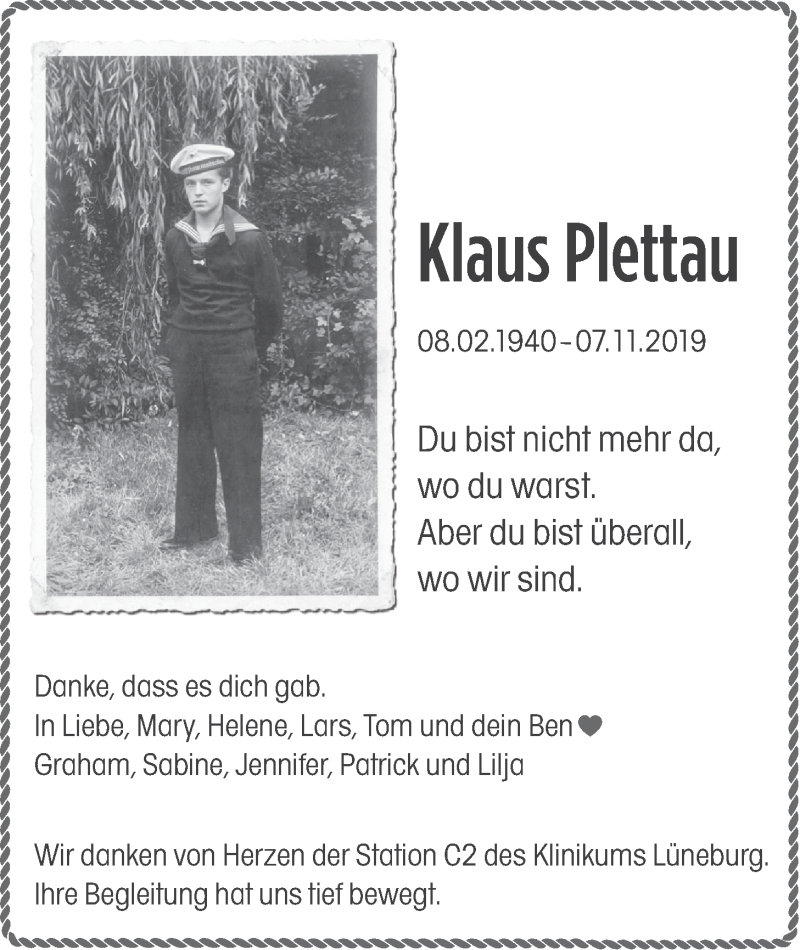  Traueranzeige für Klaus Plettau vom 16.11.2019 aus LZ