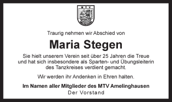 Anzeige von Maria Stegen von LZ