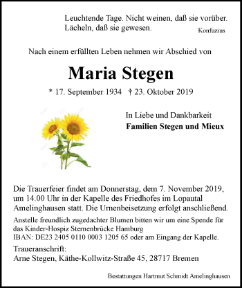 Anzeige von Maria Stegen von LZ