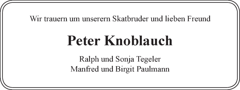  Traueranzeige für Peter Knoblauch vom 06.11.2019 aus LZ