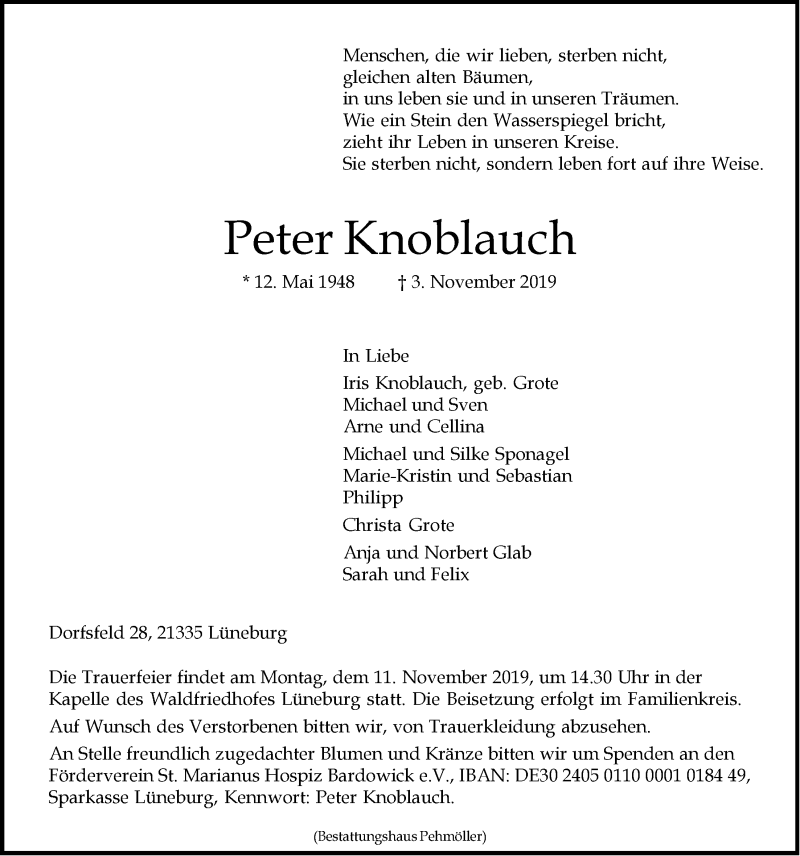  Traueranzeige für Peter Knoblauch vom 06.11.2019 aus LZ