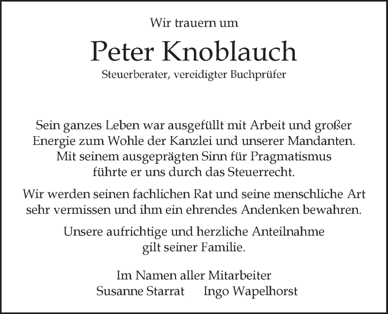  Traueranzeige für Peter Knoblauch vom 06.11.2019 aus LZ