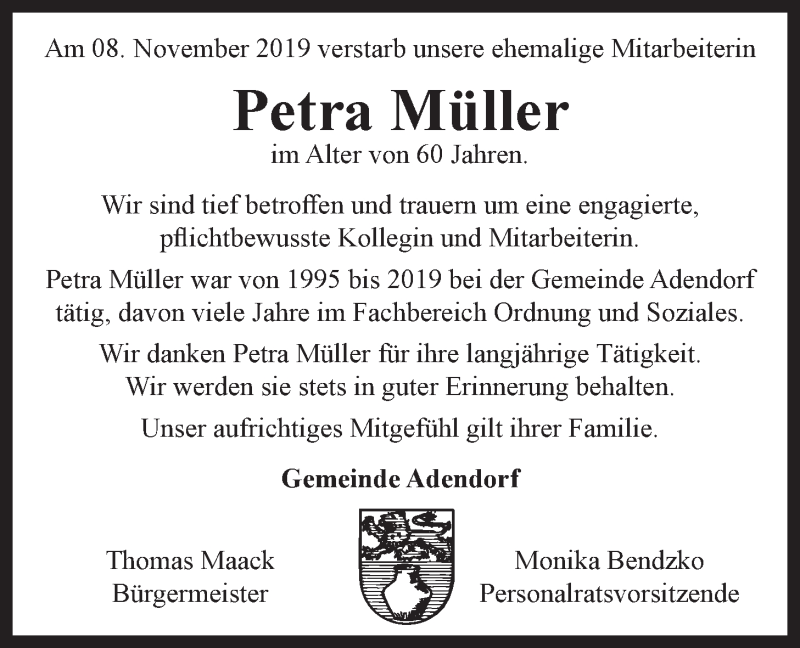  Traueranzeige für Petra Müller vom 19.11.2019 aus LZ