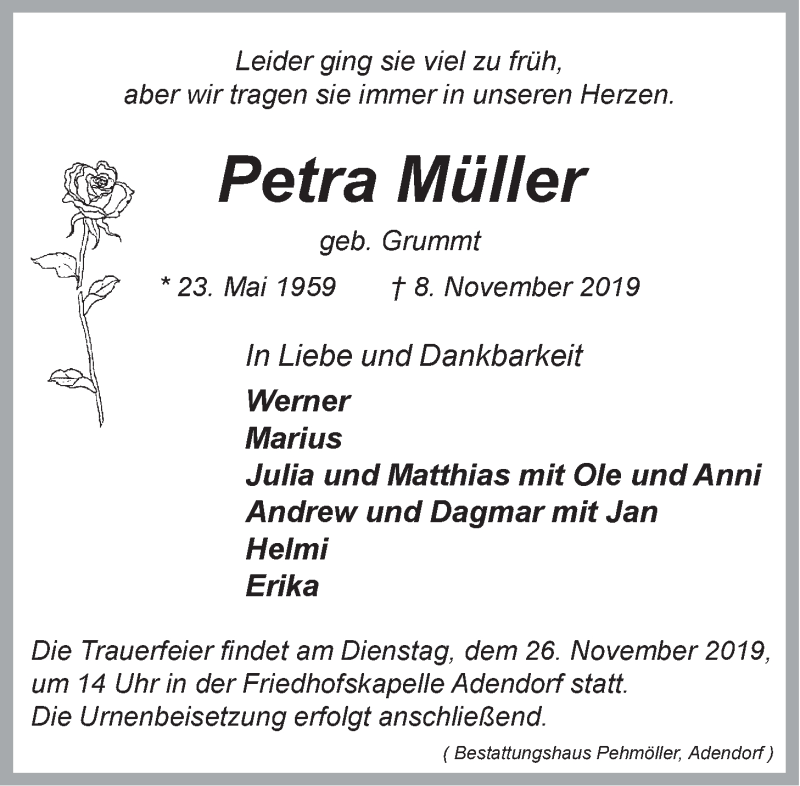  Traueranzeige für Petra Müller vom 19.11.2019 aus LZ
