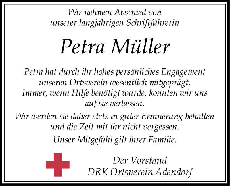  Traueranzeige für Petra Müller vom 20.11.2019 aus LZ