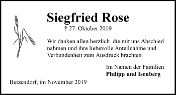 Anzeige von Siegfried Rose von LZ