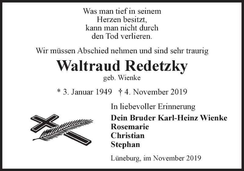  Traueranzeige für Waltraud Redetzky vom 09.11.2019 aus LZ