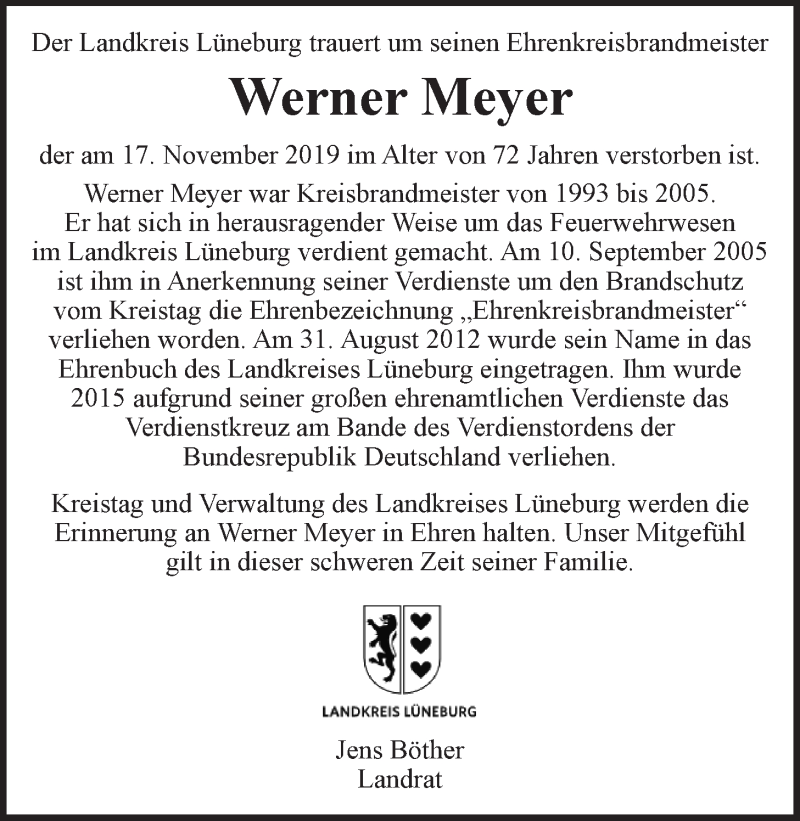  Traueranzeige für Werner Meyer vom 20.11.2019 aus LZ
