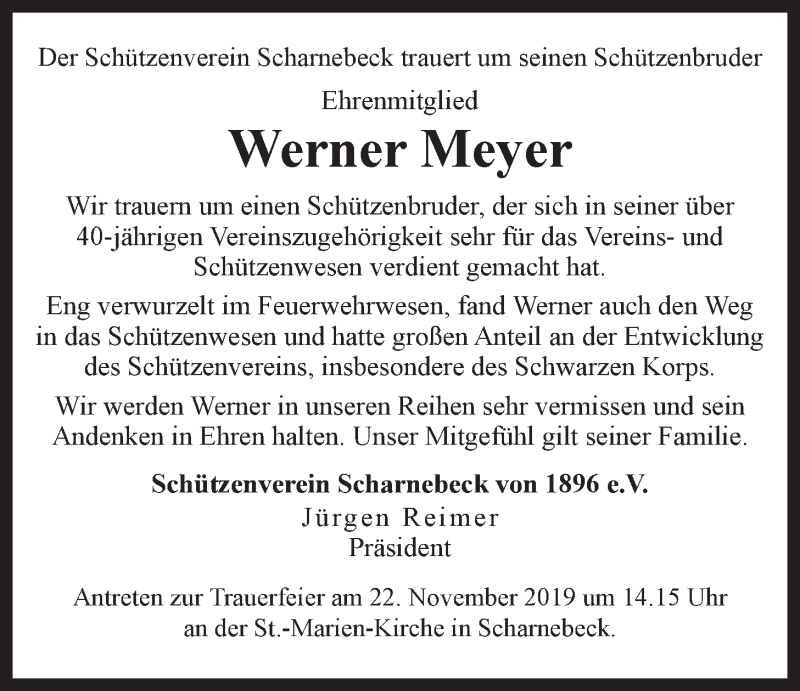  Traueranzeige für Werner Meyer vom 20.11.2019 aus LZ