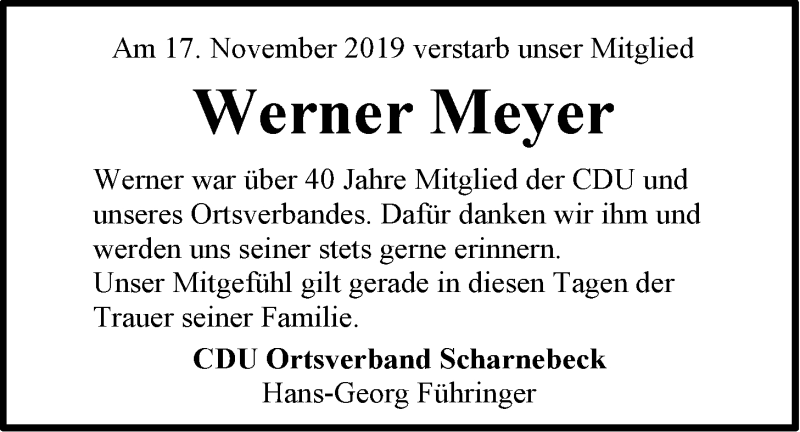  Traueranzeige für Werner Meyer vom 20.11.2019 aus LZ