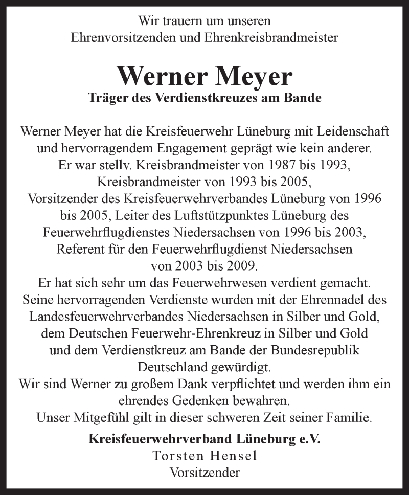  Traueranzeige für Werner Meyer vom 20.11.2019 aus LZ