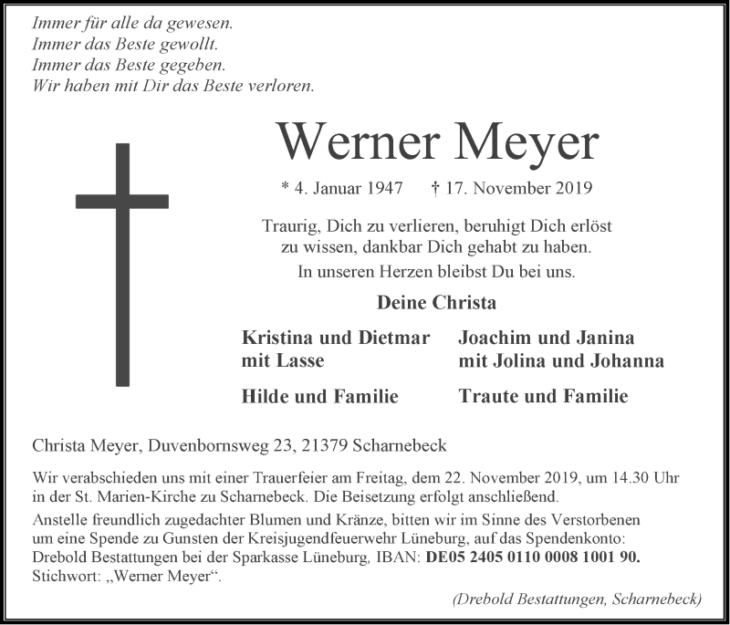  Traueranzeige für Werner Meyer vom 19.11.2019 aus LZ