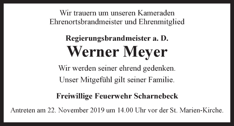  Traueranzeige für Werner Meyer vom 20.11.2019 aus LZ